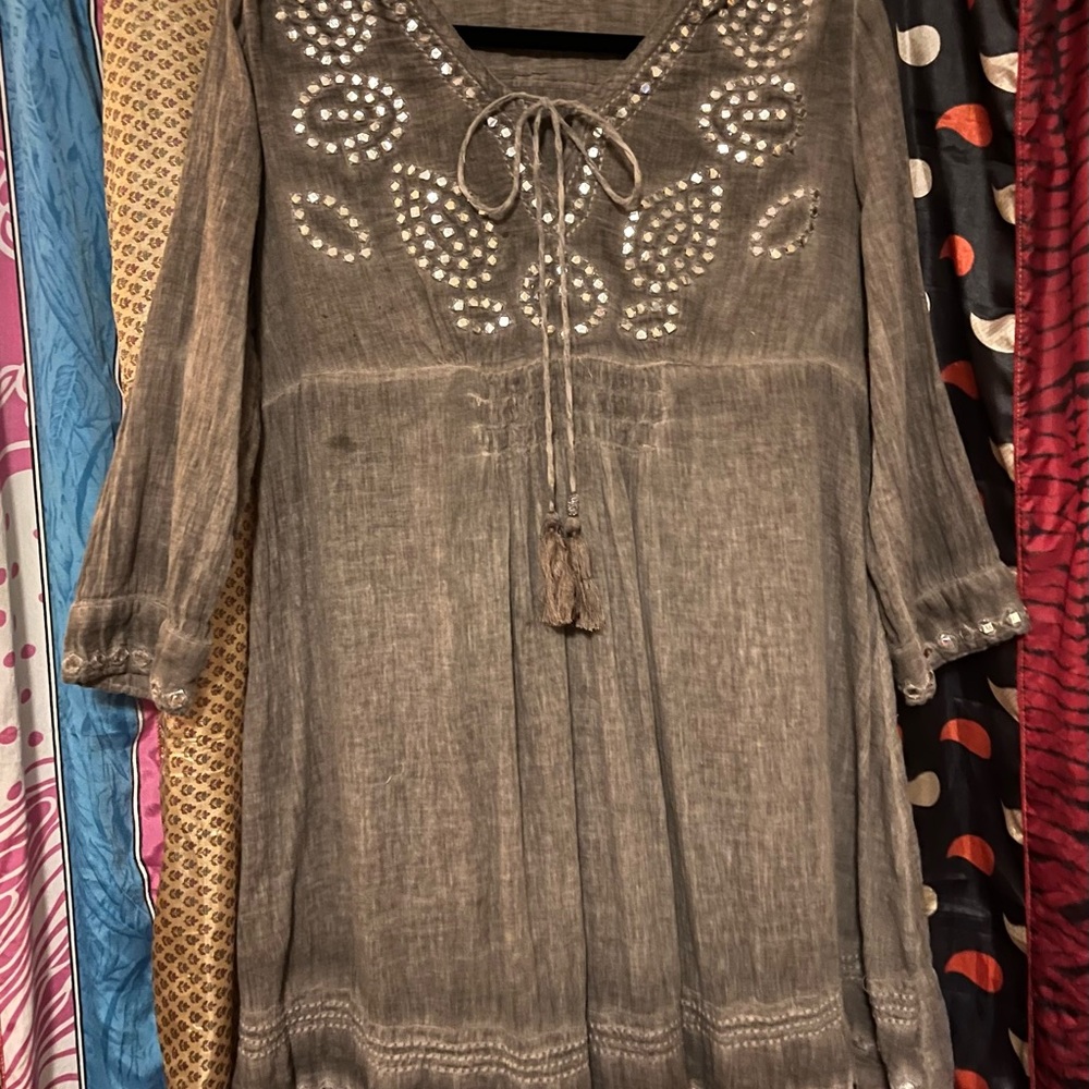 Gray Embellished Tunic with Tie Front